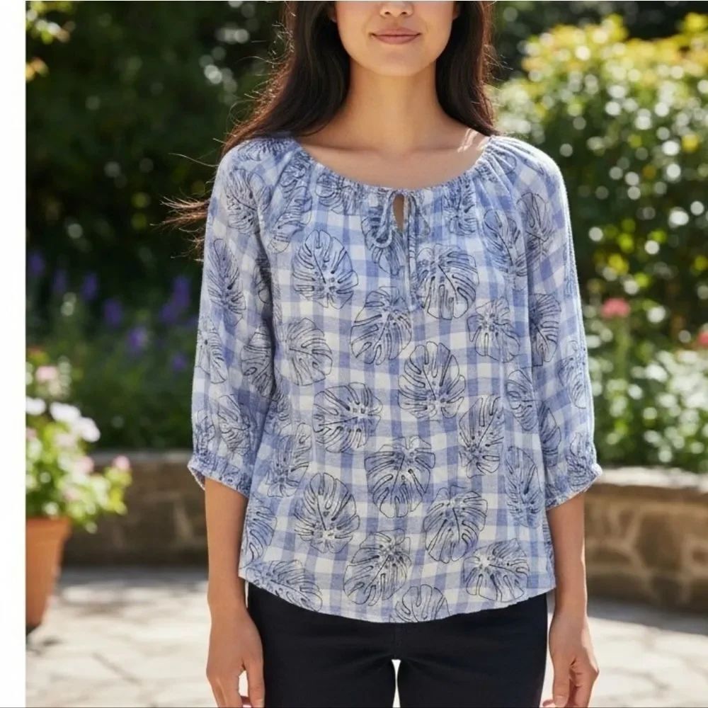 Rafaella Linen Blue Plaid Leaf Print Blouse Medium 3/4 Sleeve Tie Neck Boho Top